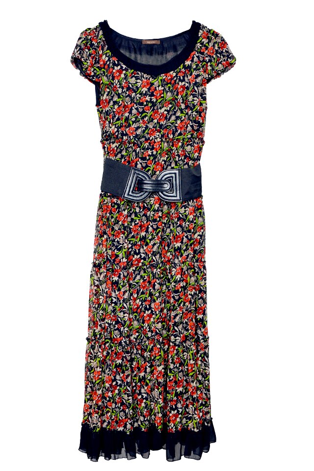 Rochie maxi cu volane si curea model floral, Multicolor