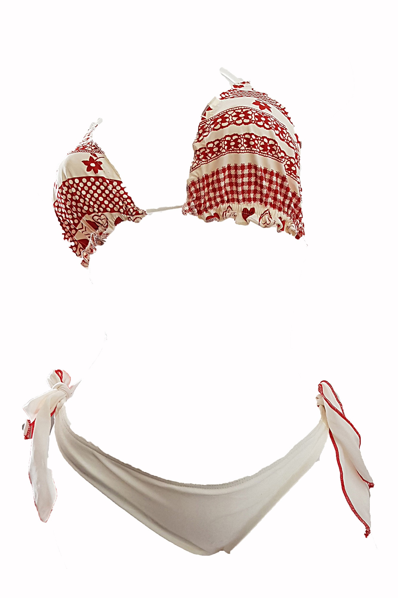 Costum de baie dama doua piese, imprimeu floral, MIRELA, BLD by Exclusive, Crem/Rosu