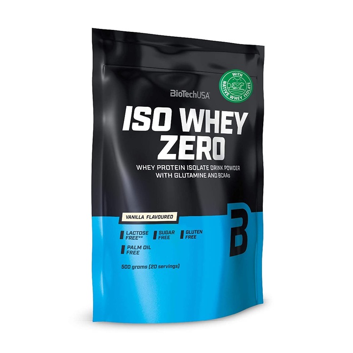 Хранителна добавка Biotech USA, Iso Whey Zero Free Lactose WPI, Суроватъчен протеин изолат, 500 g, вкус ванилия