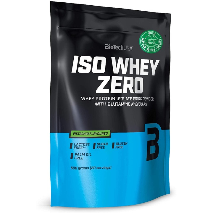 Хранителна добавка Biotech USA, Iso Whey Zero Free Lactose WPI, Суроватъчен протеин изолат, Вкус на шамфъстък, 500 г