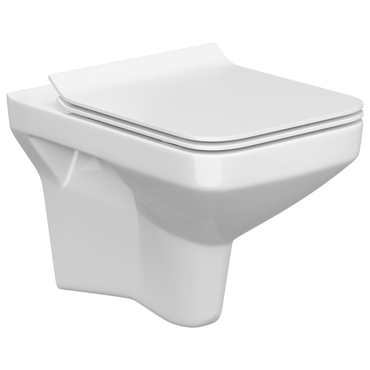 Тоалетна чиния WC Cersanit K701-102, Правоъгълна, Clean ON, Окачена, Правоъгълна, Капак slim с бавно затваряне, Бързо разглобяване, 51.5x37x35 см