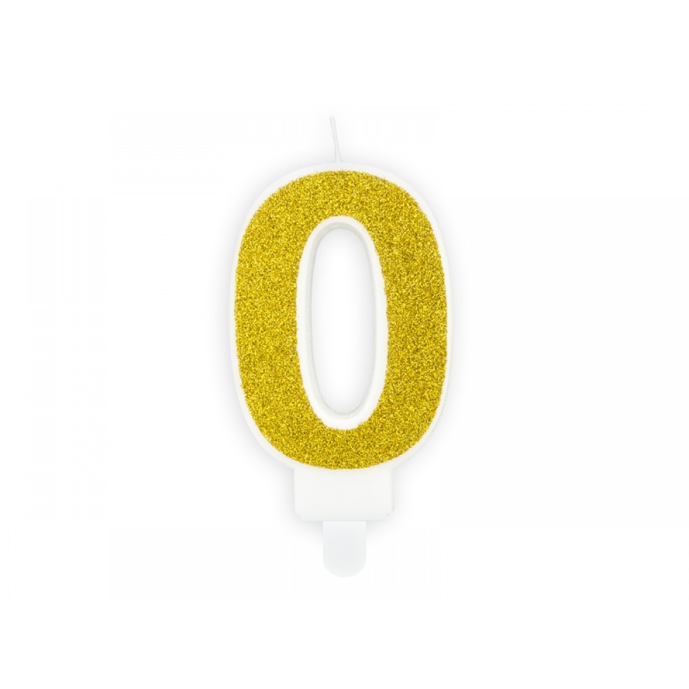 Lumanare aniversara pentru tort, Cifra 0, Deco, Alb/Auriu, 7cm