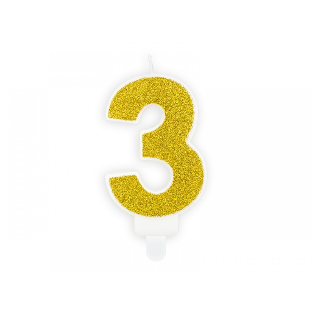Lumanare aniversara pentru tort, Cifra 3, Deco, Alb/Auriu, 7cm