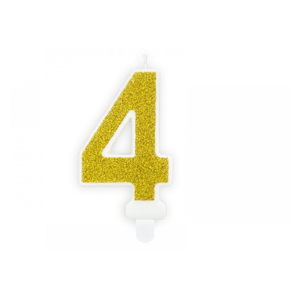 Lumanare aniversara pentru tort, Cifra 4, Deco, Alb/Auriu, 7cm
