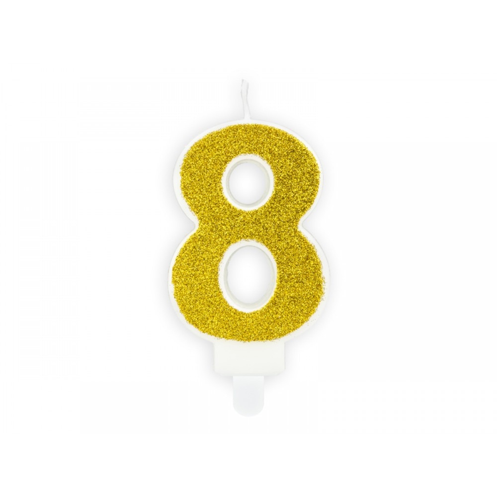 Lumanare aniversara pentru tort, Cifra 8, Deco, Alb/Auriu, 7cm