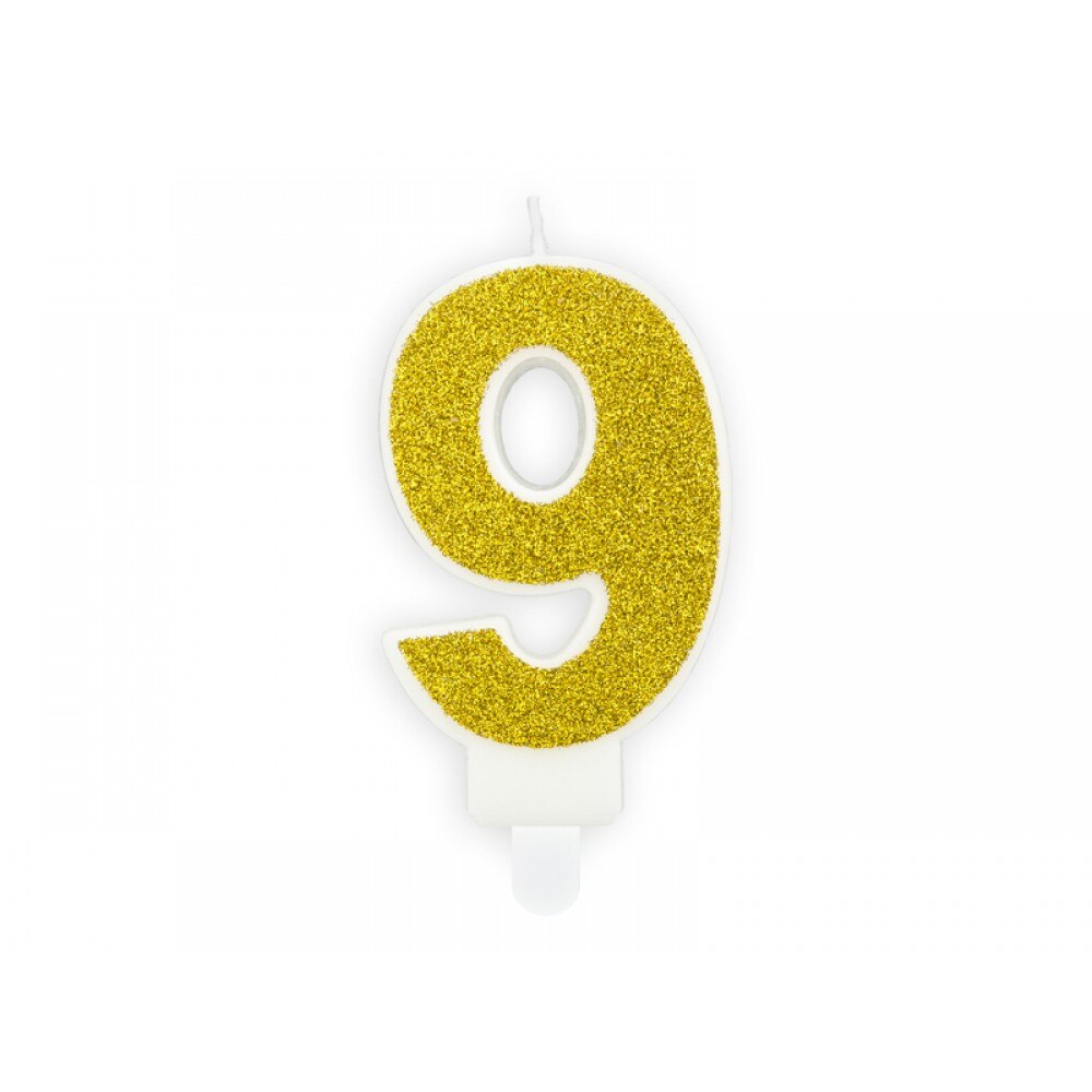 Lumanare aniversara pentru tort, Cifra 9, Deco, Alb/Auriu, 7cm