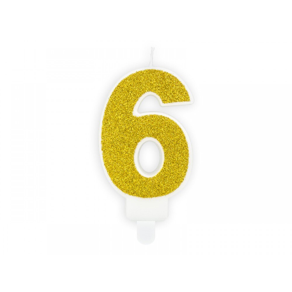 Lumanare aniversara pentru tort, Cifra 6, Deco, Alb/Auriu, 7cm
