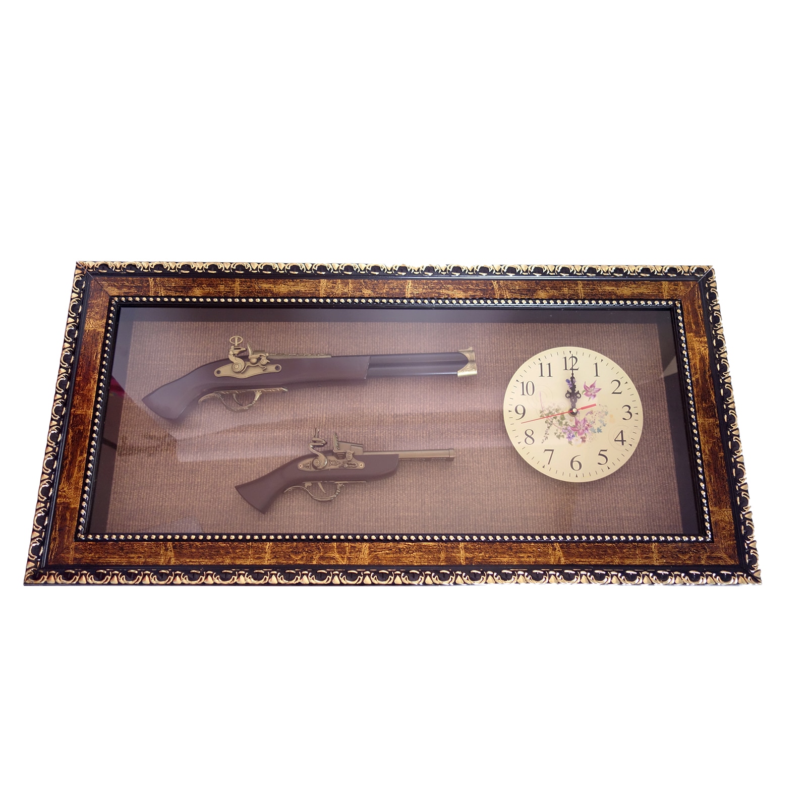 Tablou vintage, cu doua arme antice si un ceas, 100 x 48 cm