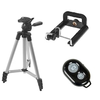 Trepied telescopic din Aluminiu, Inaltime Reglabila, 35-102 cm cu suport si telecomanda pentru Telefon sau Aparat Foto, compatibil Android si iOS, negru