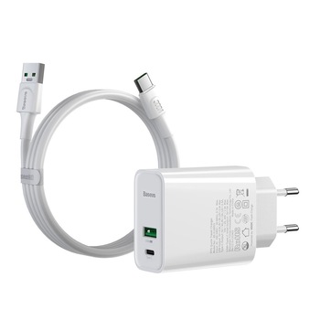 Incarcator Quick Charger Baseus, Speed PPS, C+A, 30W, EU, VOOC Edition, USB/ USB-C + Cablu 1m, 5A, U-C Flash, Alb Incarcator Quick Charger Baseus, Speed PPS, C+A, 30W, EU, VOOC Edition, USB/ USB-C + Cablu 1m, 5A, U-C Flash, Alb