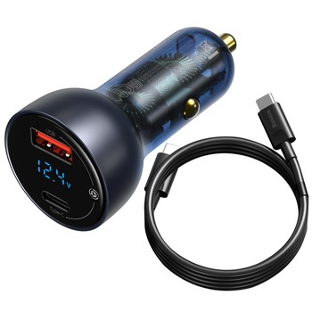 Incarcator Auto Dual Quick Charger Baseus, Particular Digital Display, 65W Cu Cablu Mini USB-C, E-mark Chip, 1m, Negru Incarcator Auto Dual Quick Charger Baseus, Particular Digital Display, 65W Cu Cablu Mini USB-C, E-mark Chip, 1m, Negru