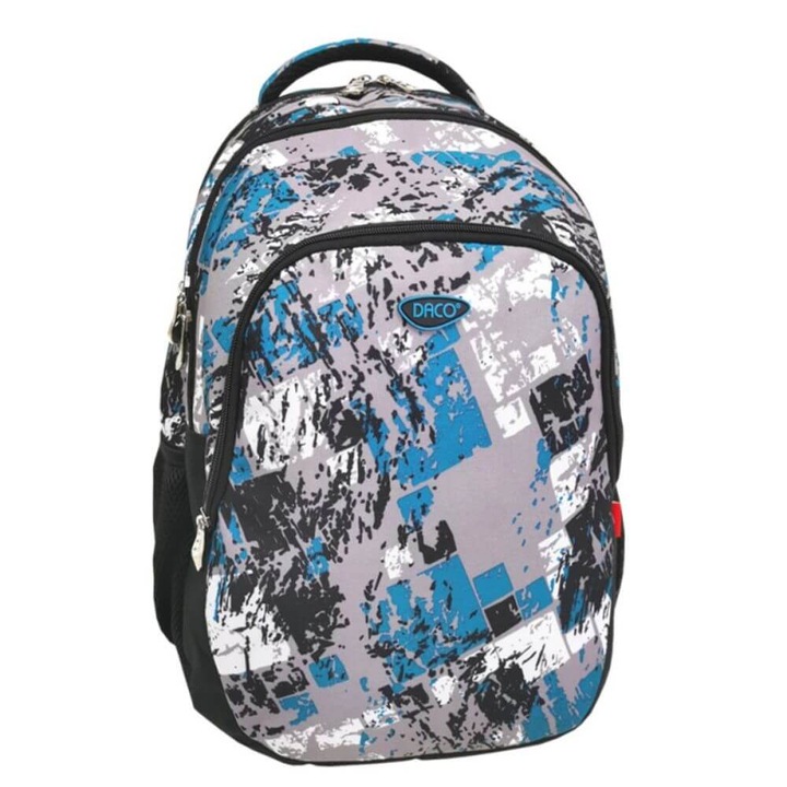 DACO hátizsák iskolásoknak, 43x30x15 cm, állítható szivacsos pántok és két oldalsó zseb, poliészter, fekete/szürke
