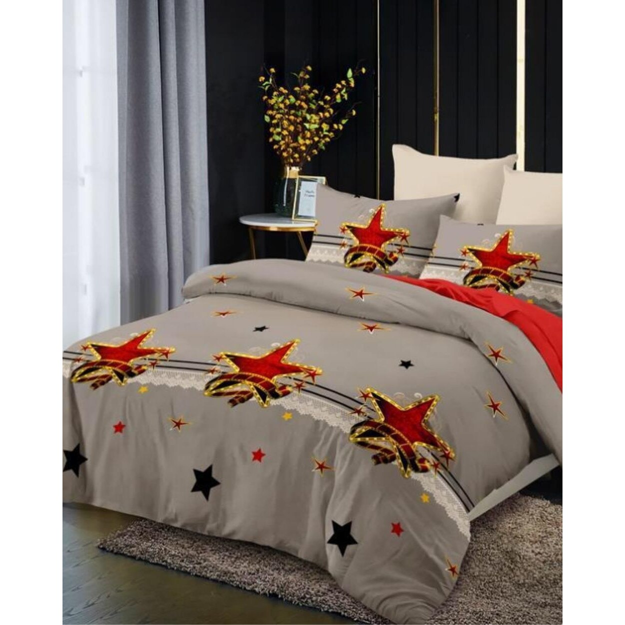 Set Lenjerie Finet Satinat, 6 Piese, Pat 2 Persoane, Red Star