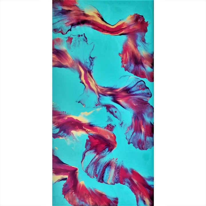 Tablou pictat manual, In Love With Turqoise Waters, Canvas pe sasiu de lemn, 80 x 40 cm, Multicolor, Abstract