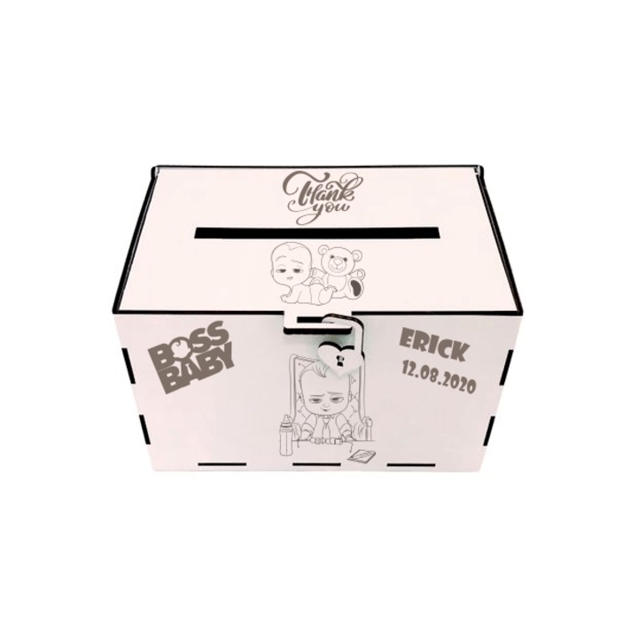 Cutie de bani pentru botez, Baby Boss, Lemn, 30x20x20 cm, Alb