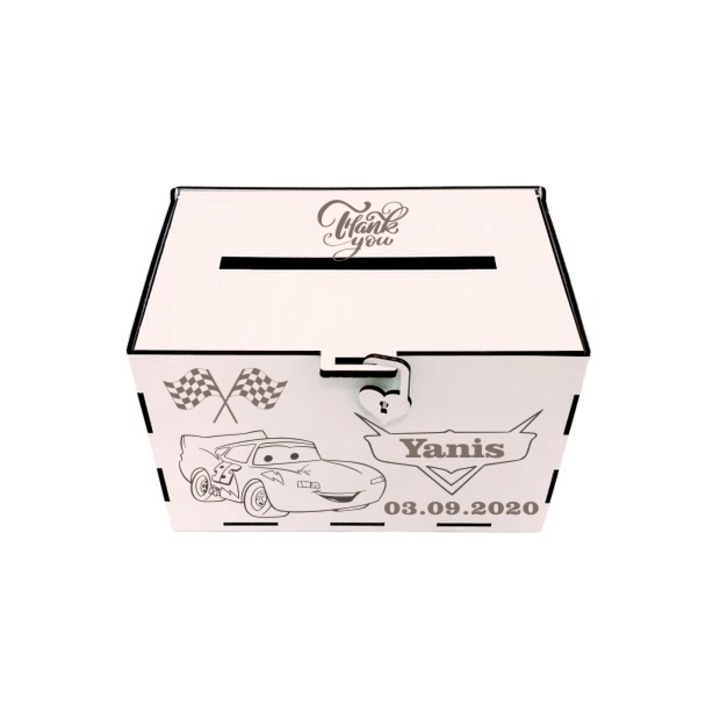 Cutie de bani pentru botez, Masinile Cars, Lemn, 30x20x20 cm, Alb