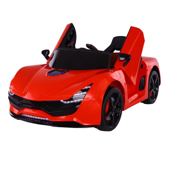 Masinuta Electrica cu acumulator pentru copii NOVOKIDS™ Magma Racer, Cu telecomanda, Melodii si lumini, 3-8 ani, Usi cu deschidere Butterfly, Baterie12V, 2 Viteze, lungime 114 cm, MP3, Rosu