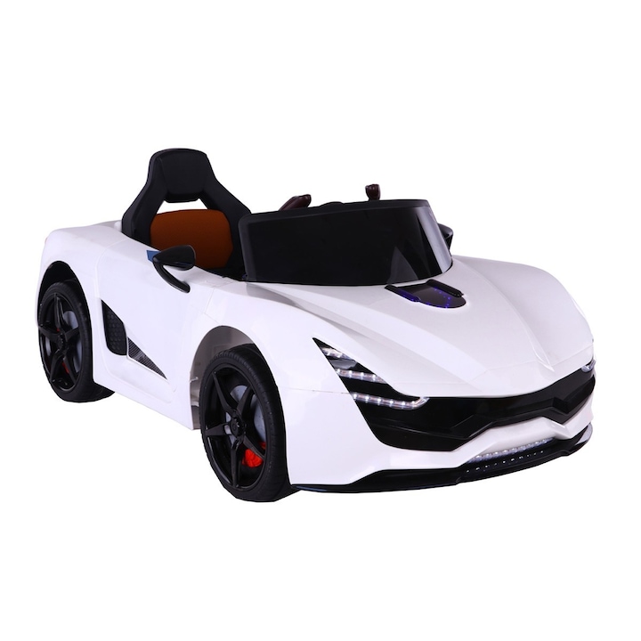 Masinuta Electrica cu acumulator pentru copii NOVOKIDS™ Magma Racer, Cu telecomanda, Melodii si lumini, 3-8 ani, Usi cu deschidere Butterfly, Baterie12V, 2 Viteze, lungime 114 cm, MP3, Alb