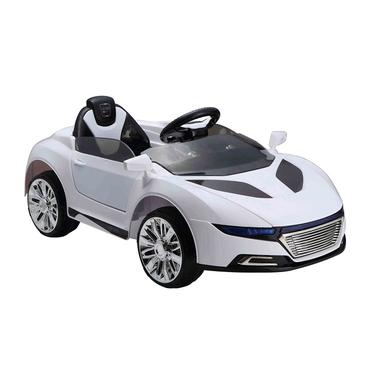 Masinuta Electrica cu acumulator pentru copii NOVOKIDS™ NKA228 Sport Racer, Cu telecomanda, Melodii si lumini, 3-8 ani, Usi cu deschidere, Baterie 6V, 2 Viteze, MP3, Alb