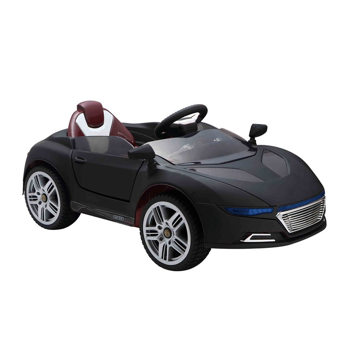 Masinuta Electrica cu acumulator pentru copii NOVOKIDS™ NKA228 Sport Racer, Cu telecomanda, Melodii si lumini, 3-8 ani, Usi cu deschidere, Baterie 6V, 2 Viteze, MP3, Negru