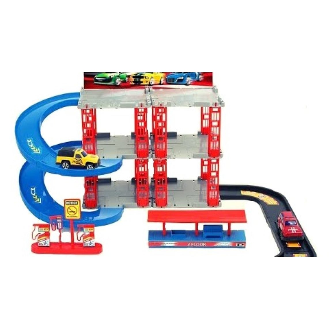 Set masinute cu pista si garaj Bibilel, 2 masinute, 37 piese, BBL1669