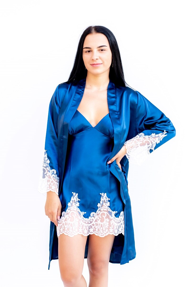 Compleu satin Jasmin , 2 piese, Bleumarin