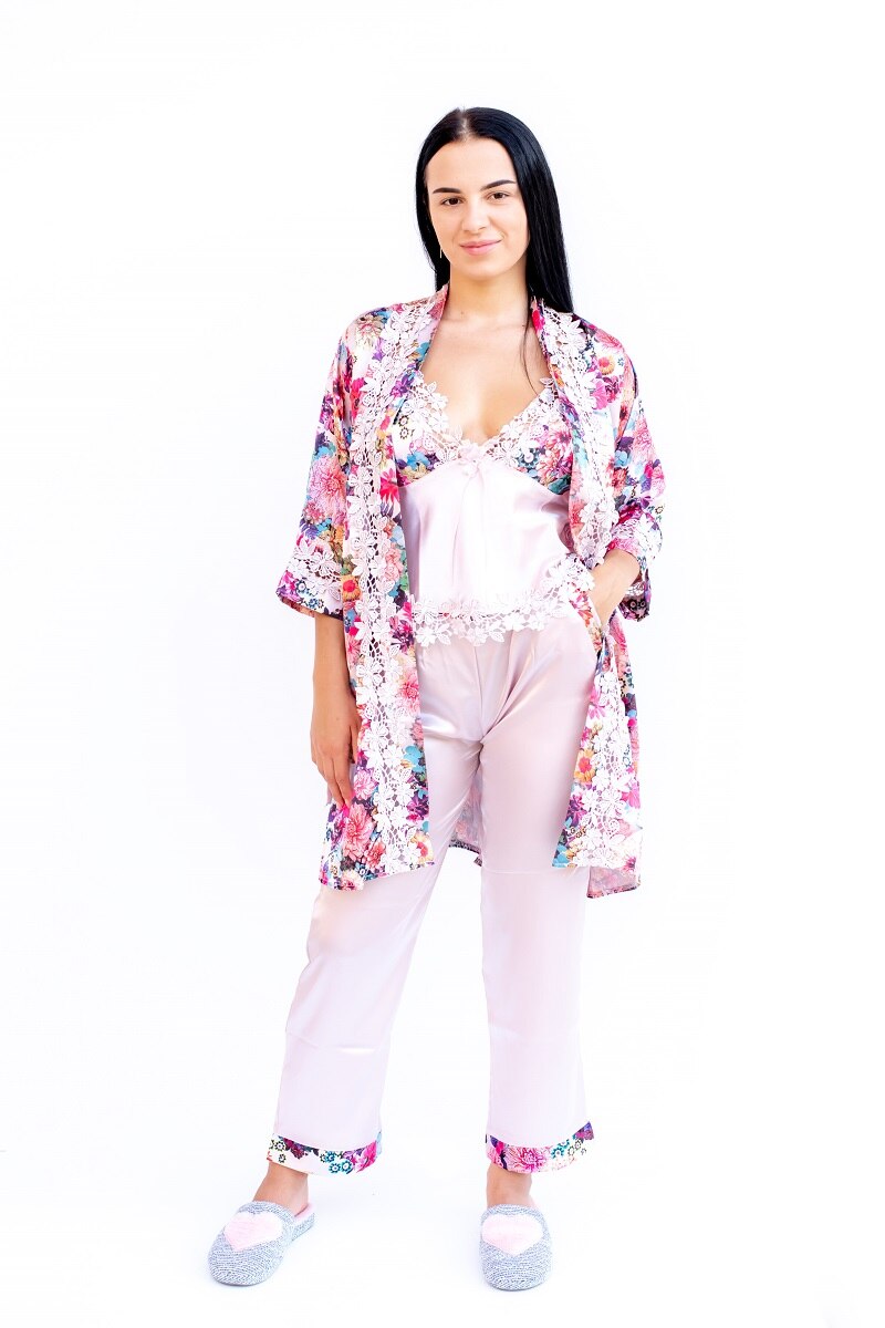 Compleu satin 3 piese, Flosh Lingerie 1265, Alb