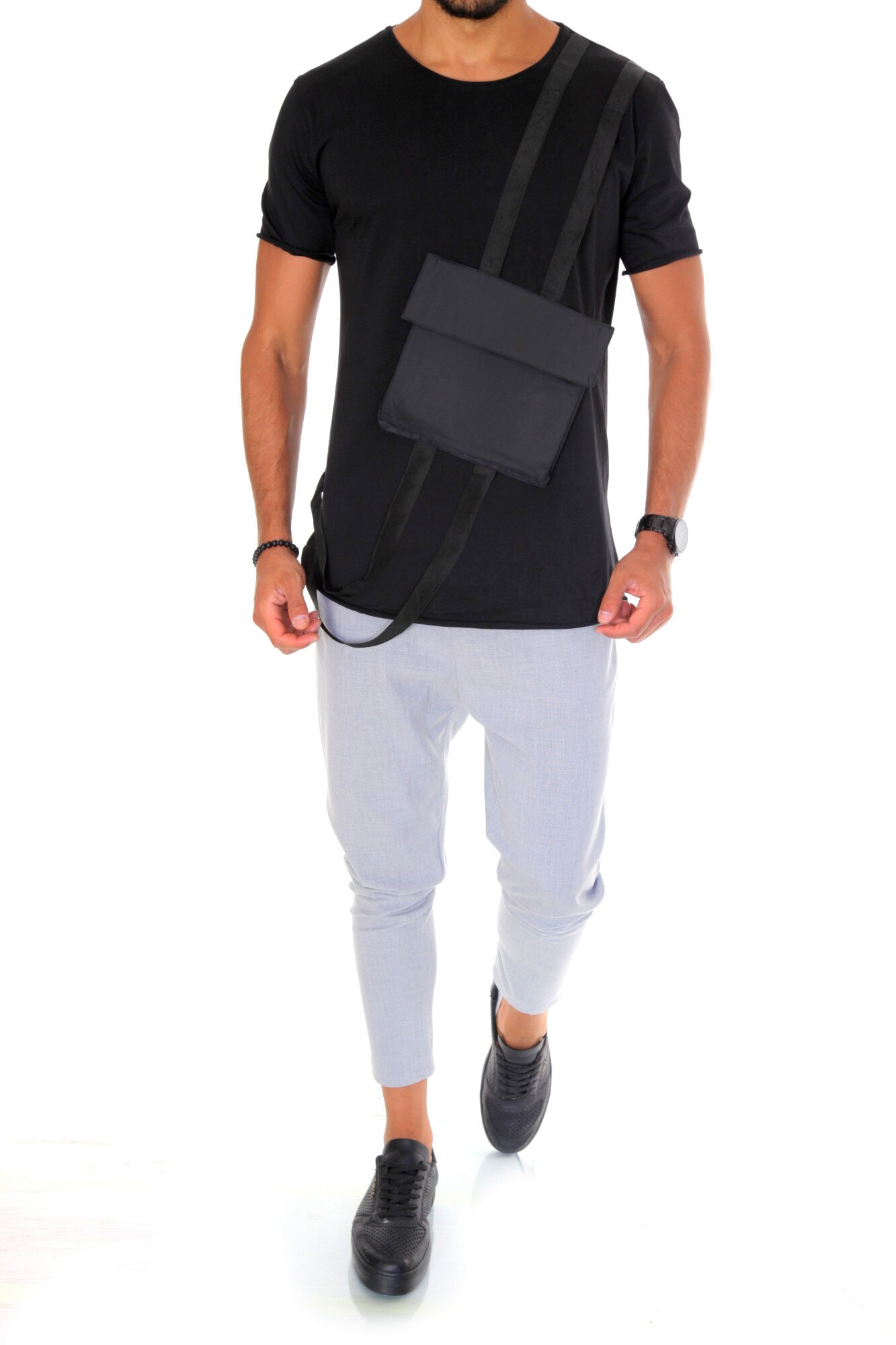 Tricou fashion, B1967, slim fit, pentru barbati, negru, Negru