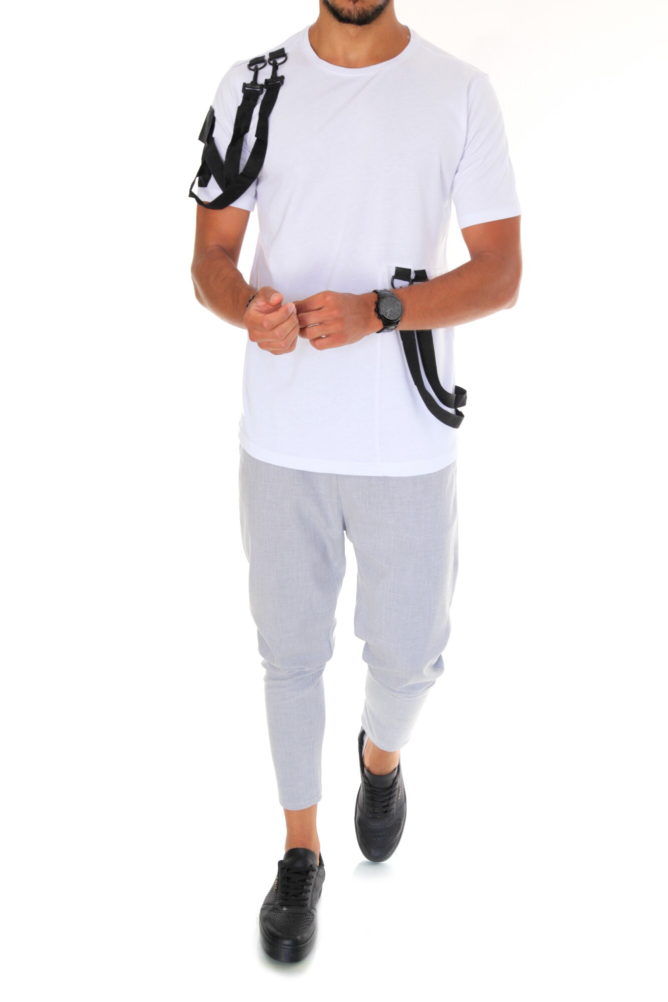 Tricou fashion, B1968, slim fit, pentru barbati, Alb