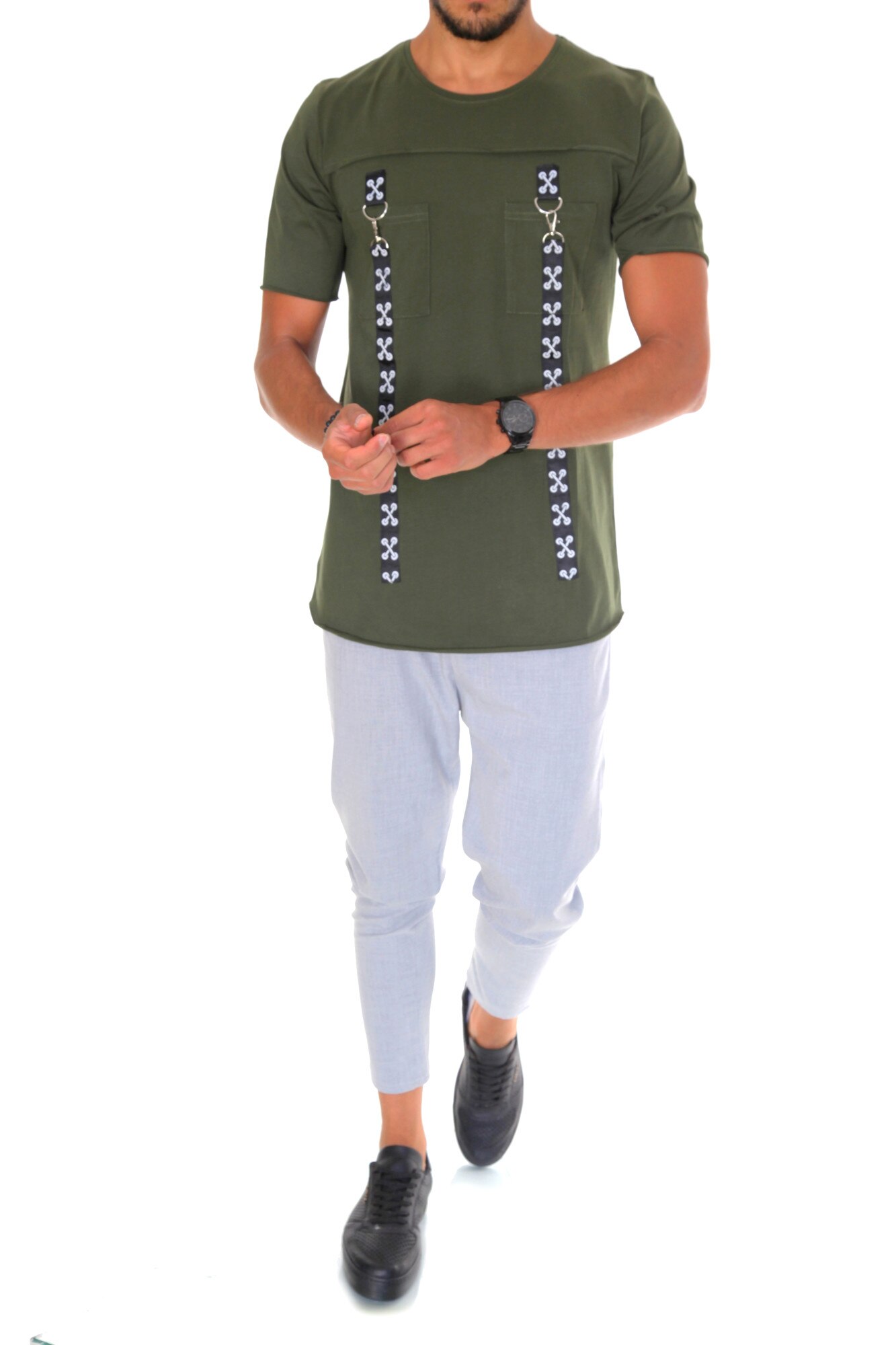 Tricou fashion, B1969, slim fit, pentru barbati, kaki, Kaki