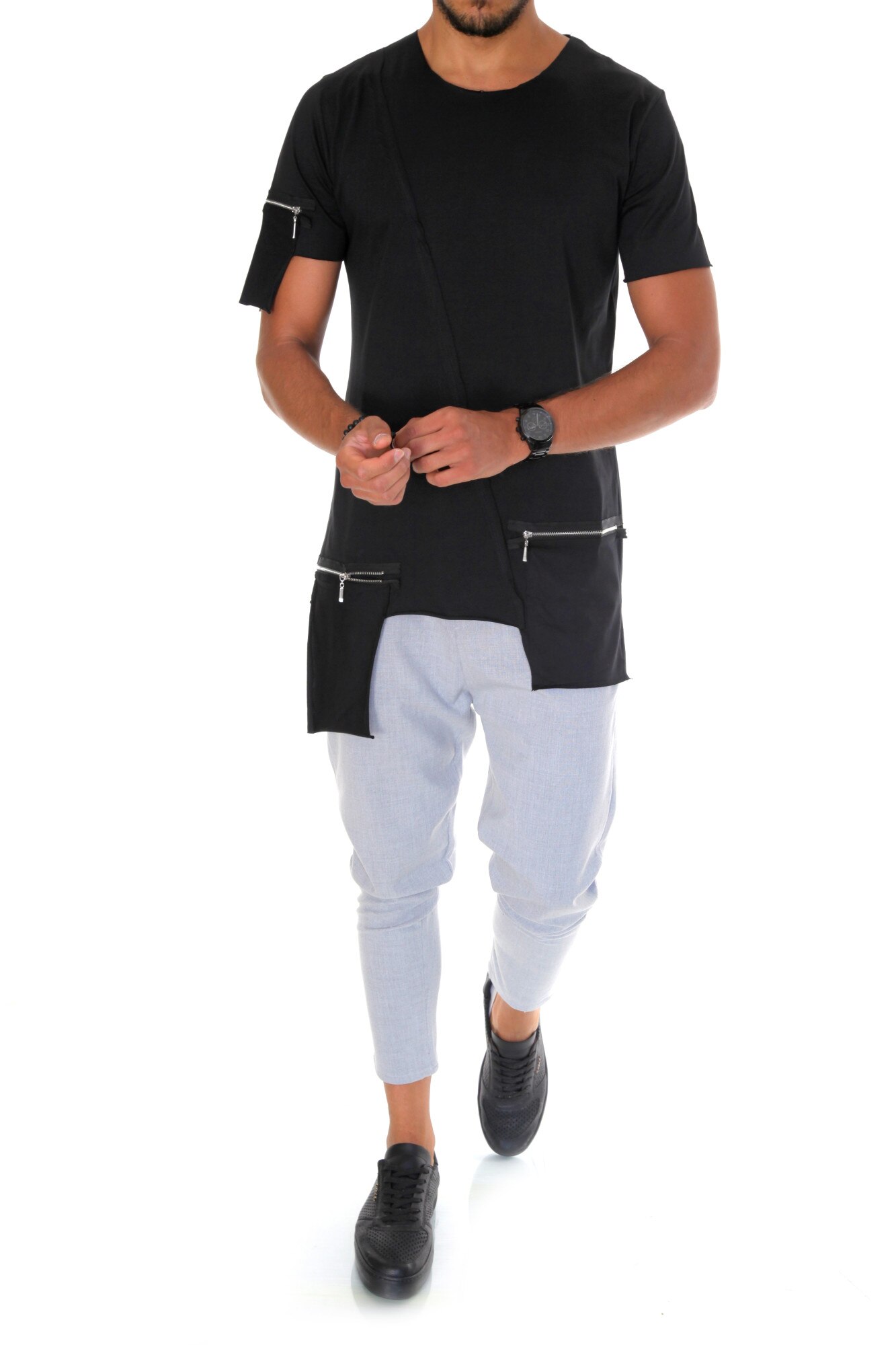 Tricou fashion, B1970, slim fit, pentru barbati, negru, Negru