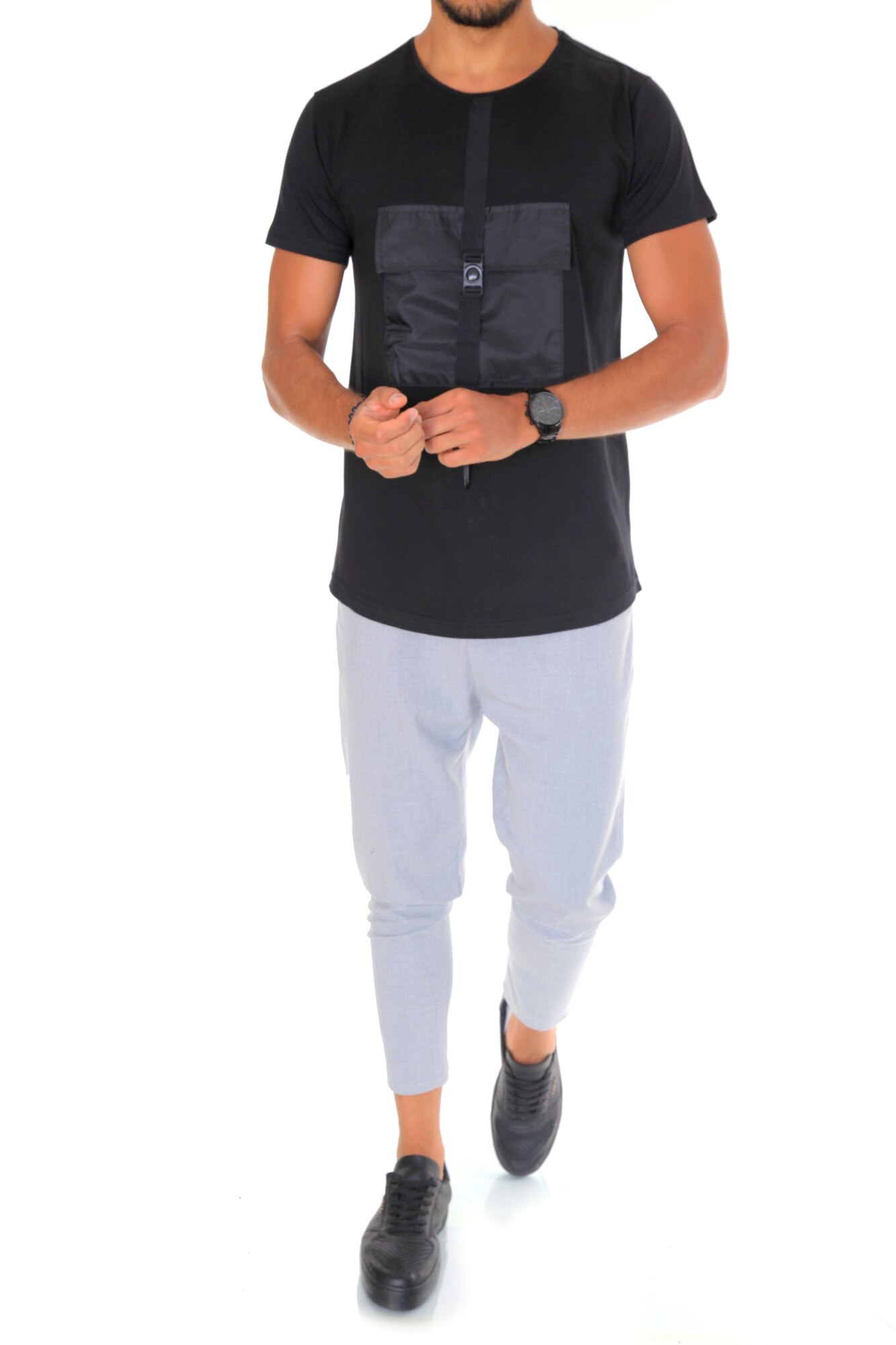 Tricou fashion, B1975, slim fit, pentru barbati, negru, Negru