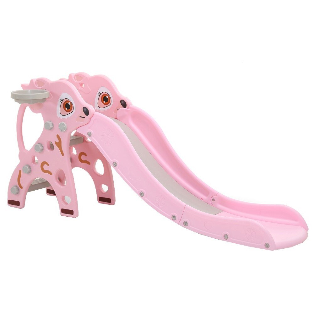 Tobogan Pentru Copii NOVOKIDS™ Tiana Deer , Pentru Interior si Exterior, 160 centimetri panta alunecare, Maxim 20 Kg, Cos de baschet inclus , Model Caprioara , Roz