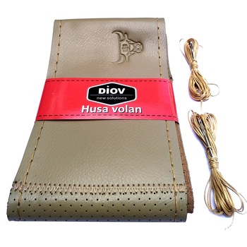 Husa Volan din Piele Naturala Bej, Aspect Original, Perforata pe Lateral, cu Ata Bej Husa Volan din Piele Naturala Bej, Aspect Original, Perforata pe Lateral, cu Ata Bej