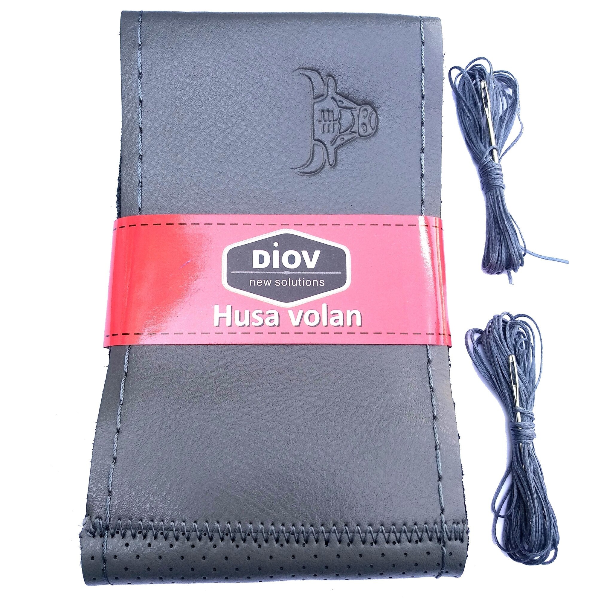 Husa Volan din Piele Naturala Gri, Aspect Original, Perforata pe Lateral, cu Ata Gri