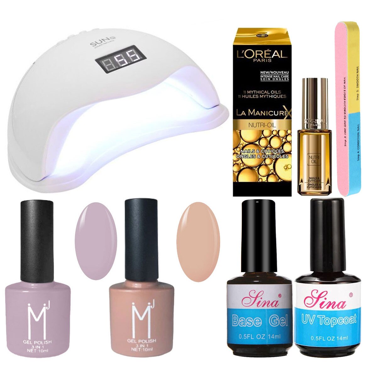 Kit Unghii cu Lampa Profesionala UV LED SUN5 si 6 Produse Premium pentru Manichiura Semipermanenta, Lilac & Nude