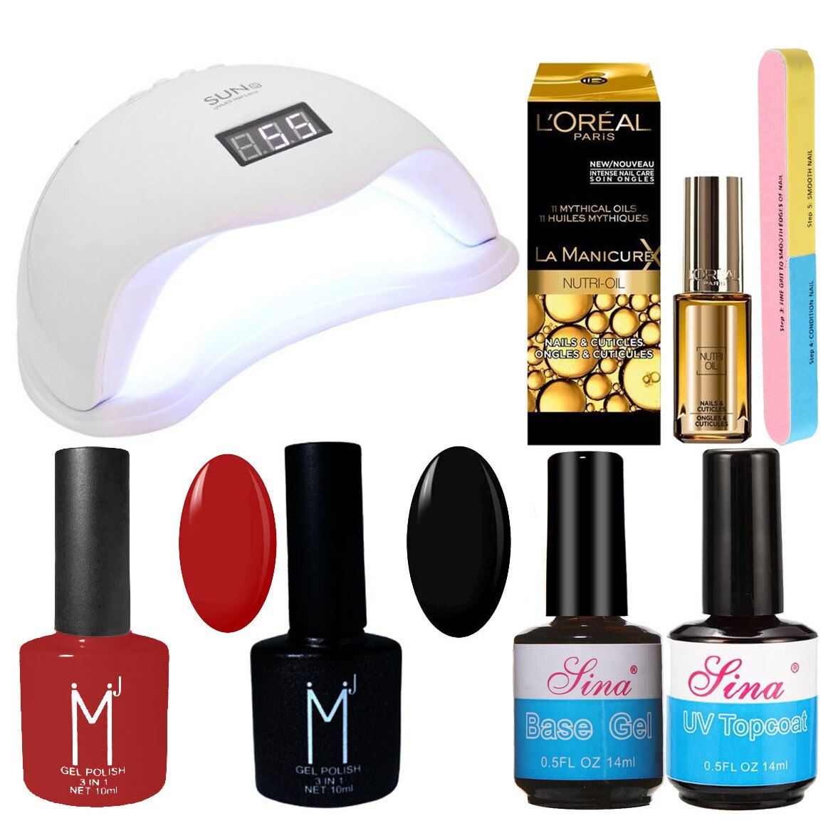 Kit Unghii cu Lampa Profesionala UV LED SUN5 si 6 Produse Premium pentru Manichiura Semipermanenta, Bitter Cherry