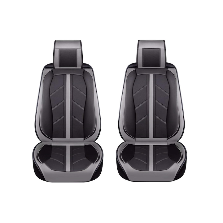 Универсална Авто Тапицерия Flexzon, Комплект за Предни Седалки, Еко Кожа, Лукс, Sport, Сиво - Черно