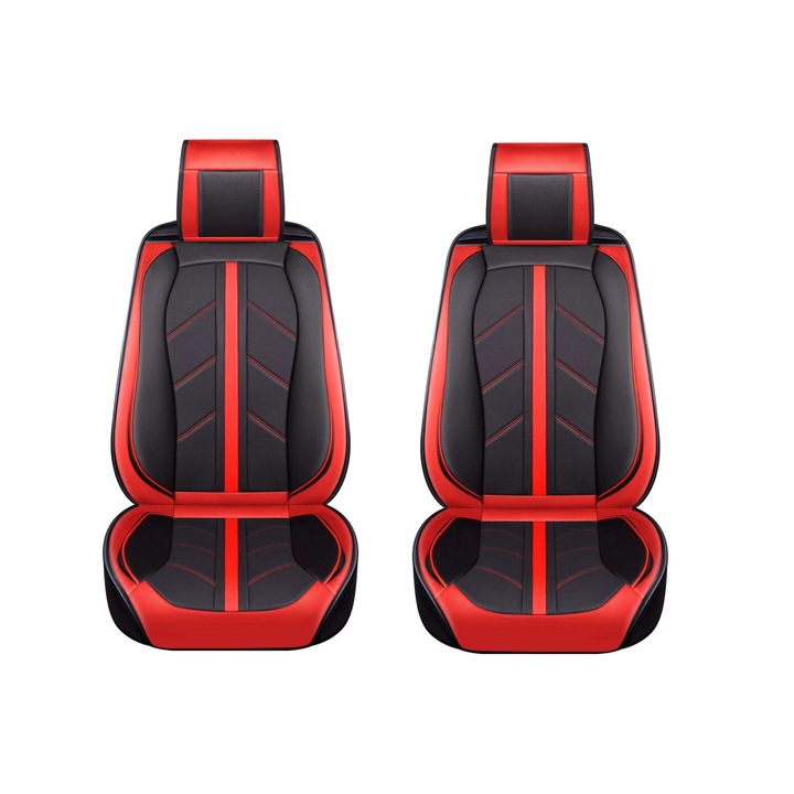 Универсална Авто Тапицерия Flexzon, Комплект за Предни Седалки, Еко Кожа, Лукс, Sport, Червено - Черно