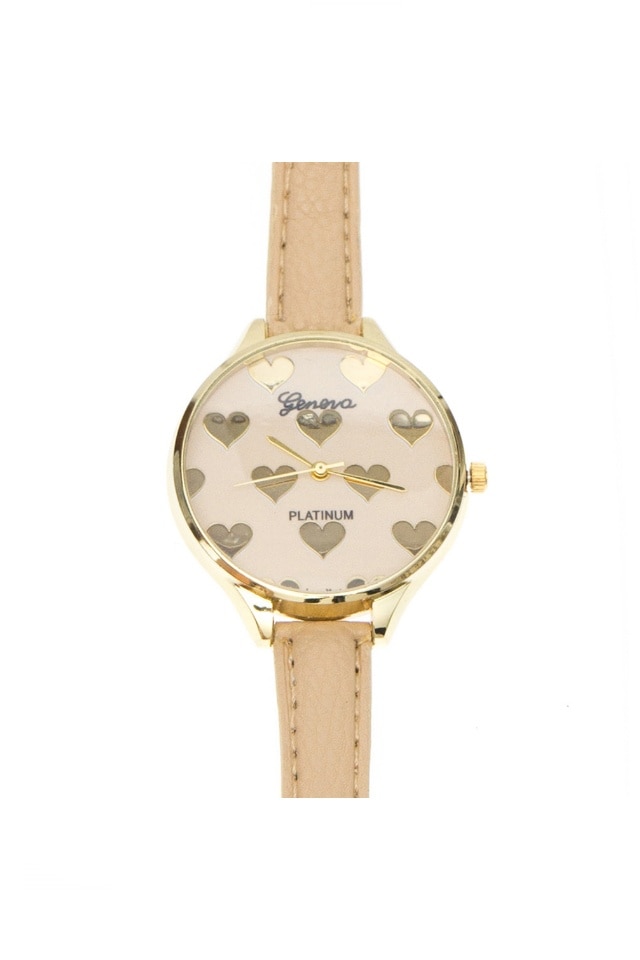 Ceas de dama Gold Hearts, curea crem din piele ecologica si cadran cu inimioare