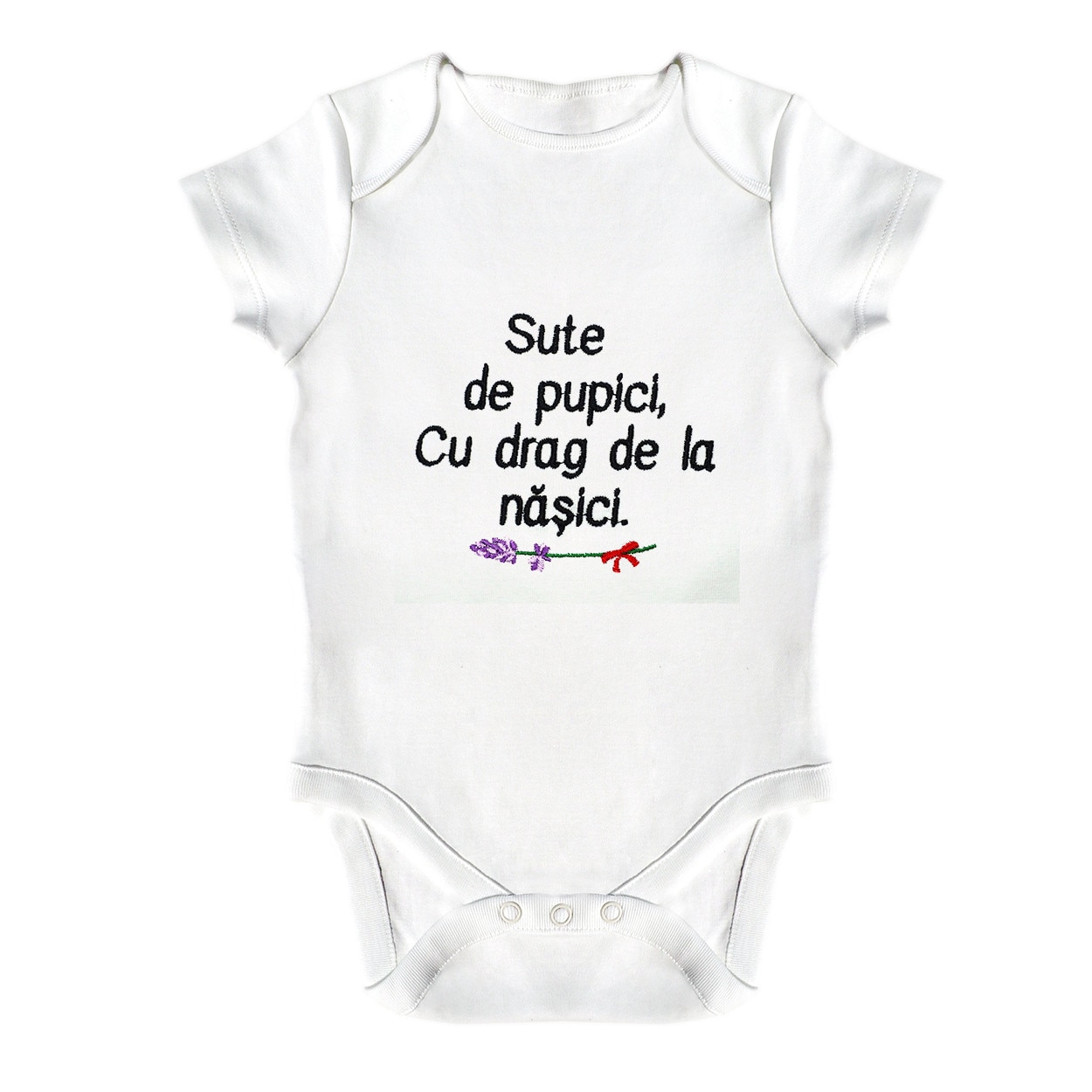Body bebe, LWS, bumbac organic, brodat, alb, model Sute de pupici cu drag de la nasici, text negru, 86 cm