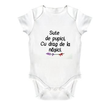 Body bebe, LWS, bumbac organic, brodat, alb, model Sute de pupici cu drag de la nasici, text negru, 86 cm Body bebe, LWS, bumbac organic, brodat, alb, model Sute de pupici cu drag de la nasici, text negru, 86 cm