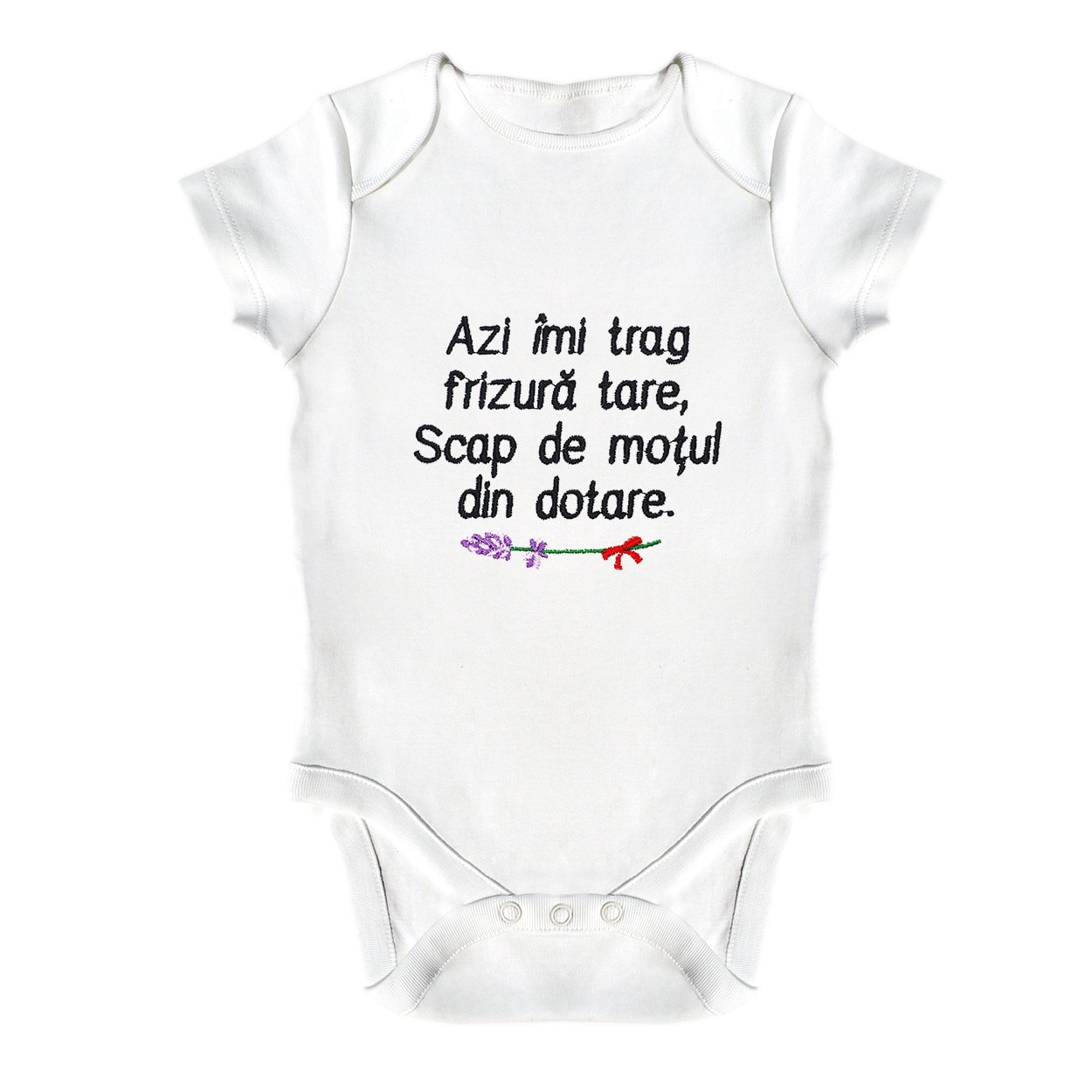 Body bebe, LWS, bumbac organic, brodat, alb, model Azi imi trag frizura tare, text negru, 86 cm