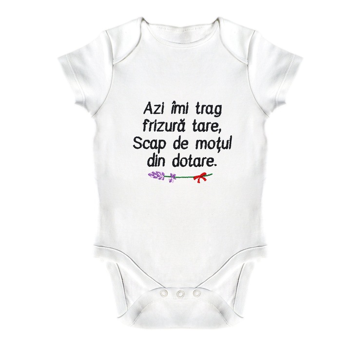Body bebe, LWS, bumbac organic, brodat, alb, pentru aniversare 1 an, taiere mot, model Azi imi trag frizura tare, text negru, 86 cm