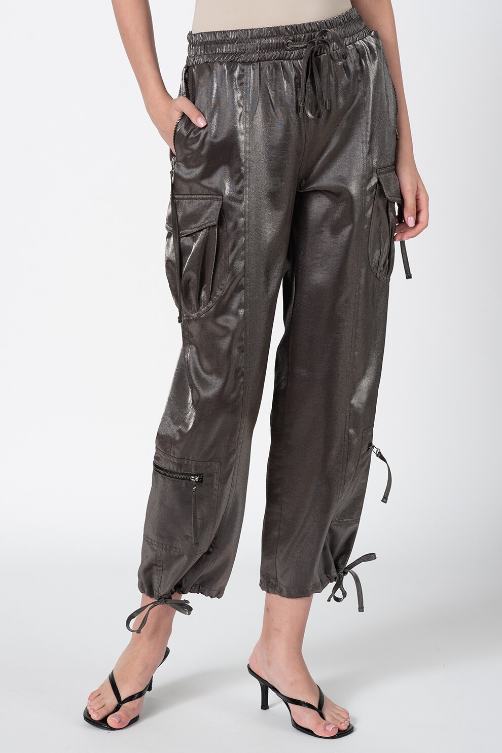 Custo Barcelona, Pantaloni sport cargo cu aspect metalizat, Argintiu inchis