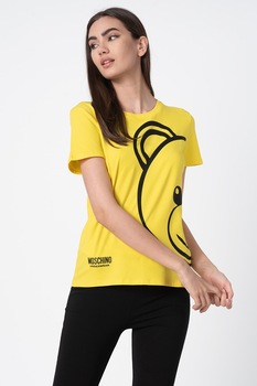 Moschino, Tricou de casa cu decolteu la baza gatului si imprimeu logo, Galben/Negru Moschino, Tricou de casa cu decolteu la baza gatului si imprimeu logo, Galben/Negru
