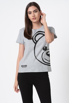 Moschino, Tricou de casa cu decolteu la baza gatului si imprimeu logo, Gri melange/Negru Moschino, Tricou de casa cu decolteu la baza gatului si imprimeu logo, Gri melange/Negru