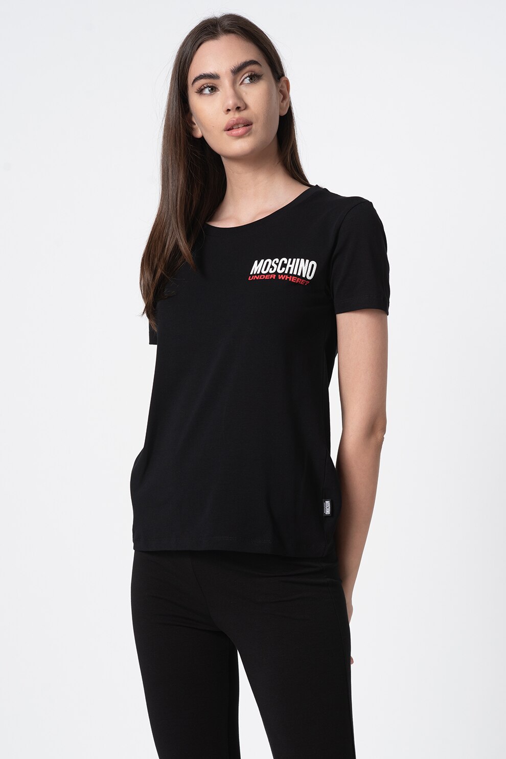 Moschino, Tricou de casa cu decolteu la baza gatului, Negru/Alb/Rosu