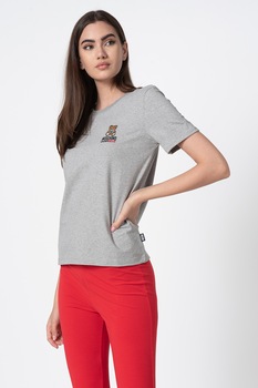 Moschino, Tricou de casa cu decolteu la baza gatului si broderie logo, Gri melange/Maro/Negru Moschino, Tricou de casa cu decolteu la baza gatului si broderie logo, Gri melange/Maro/Negru