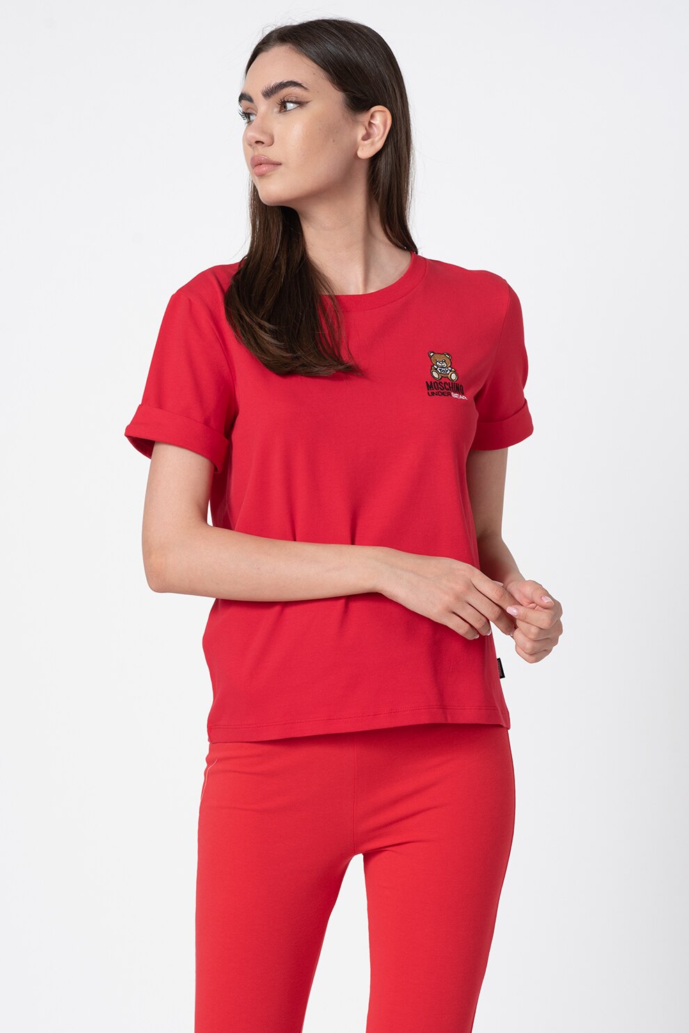 Moschino, Tricou de casa cu decolteu la baza gatului si broderie logo, Rosu